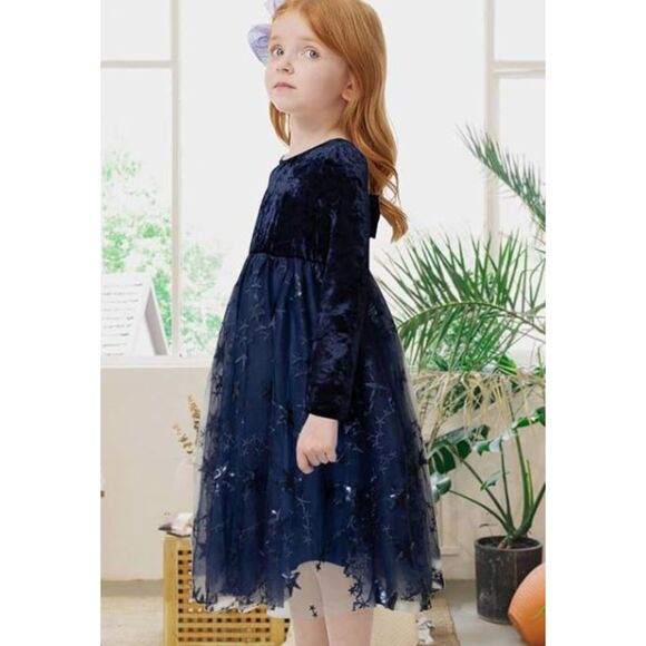 Meilleur Moment Girls Dress Navy Velvet Lace Star Tulle Bow Back Size 12 NWOT - Picture 3 of 7